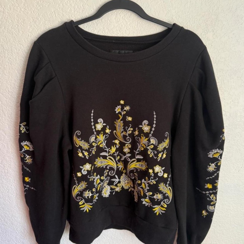 Folk Art Floral Embroidered Black Sweatshirt Botanical Boho Cottagecore